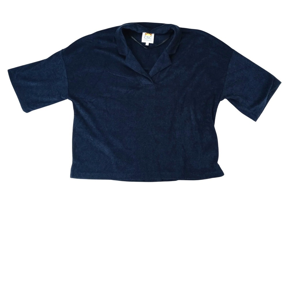 C&C California‎ Navy Blue Terry Cloth Collared Short Sleeve Top Size L